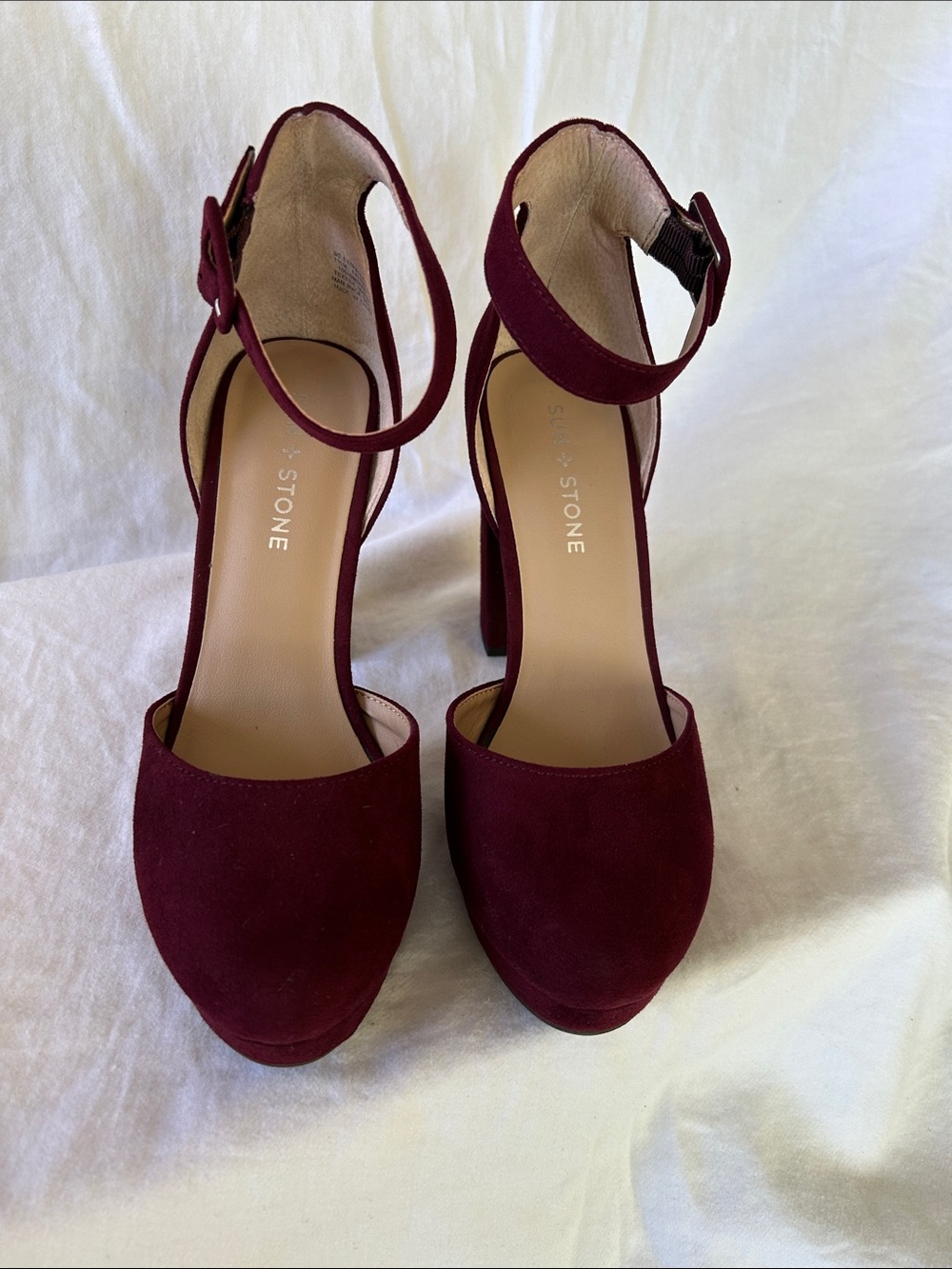 Sun + Stone Burgundy Suede Ankle-Strap Block Heels